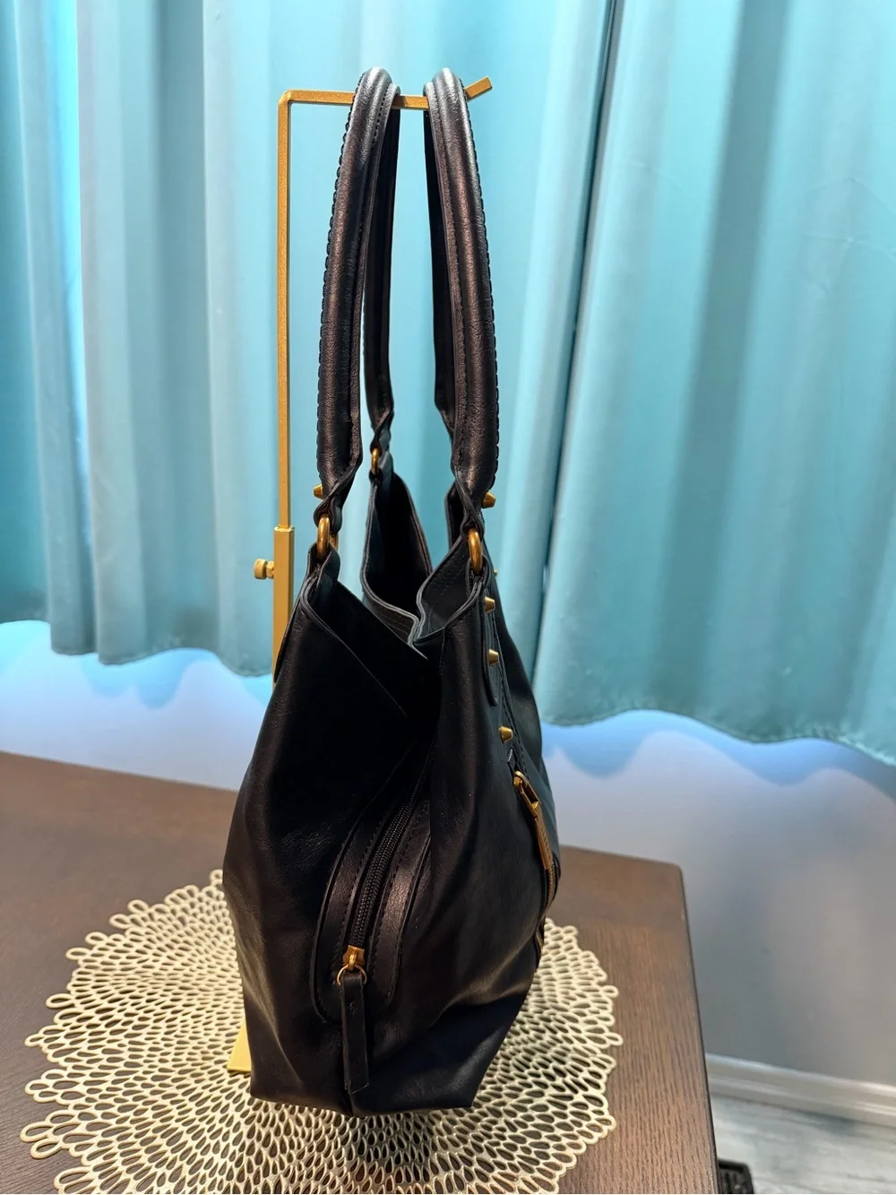 Rosetti Black Leather Hobo Shoulder Bag Gold